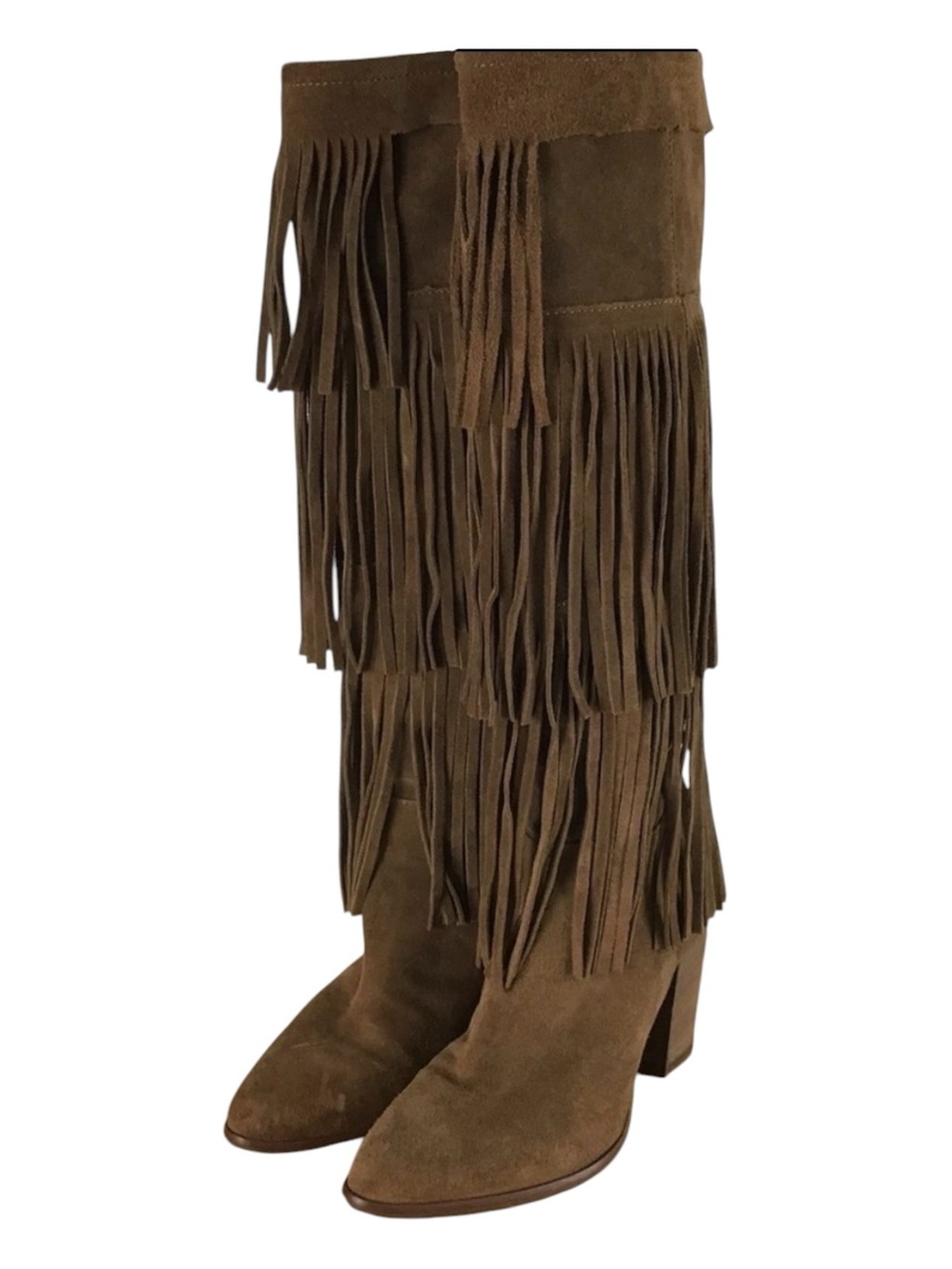 Browns B2 Tan Suede Fringe Western Knee High Boots Chunky Heel 35 sexy cowgirl